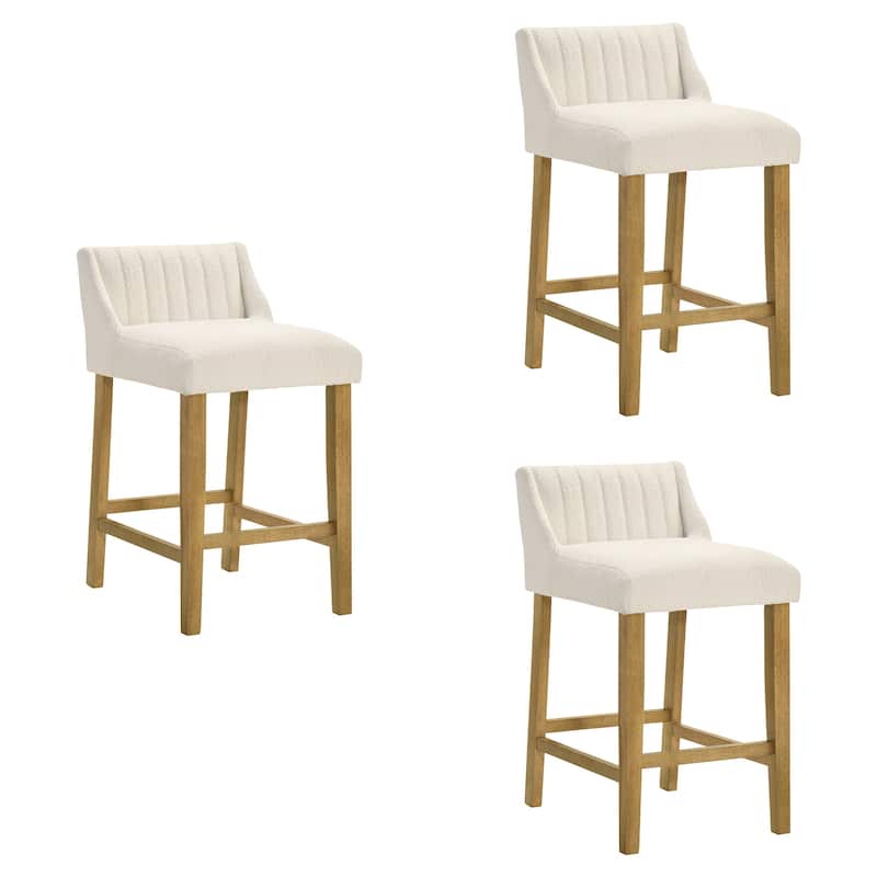 Fauna Low-Back Boucle Bar Stool, Upholstered Counter Height Kitchen Barstool with Wood Legs - Set of 3 - Amber Glow - Counter Height