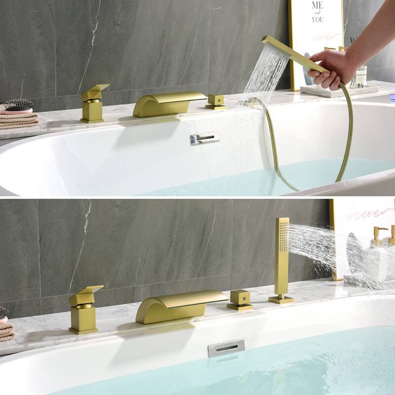 Deck Mounted Four Holes Tub Faucet Waterfall Modern Bath Tub Faucet with Handheld Shower Tub Fillers with Pressure Balance Valve