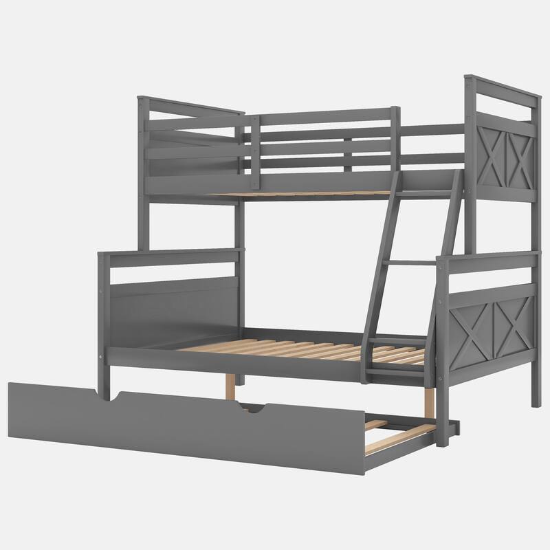 Twin over Full Bunk Bed with Ladder, Twin Size Trundle, Safety Guardrail,