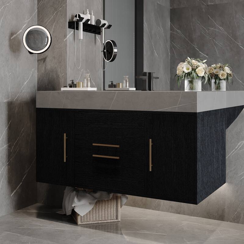 GDFStudio - Modern 39.4" Wall Mounted Floating Sintered Stone Bathroom Vanity with Seamless Ceramic Sink & Soft-Close Drawers