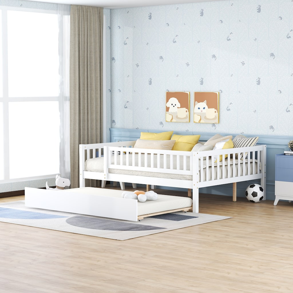 White Full Size Wood Daybed with Pull-Out Trundle and Safety Guardrails