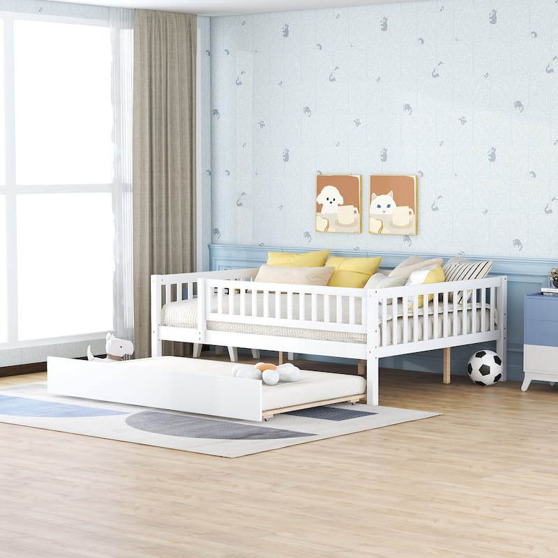 Wooden Twin/Full Daybed with Trundle and Fence Guardrails, No Box Spring Needed - White - Full