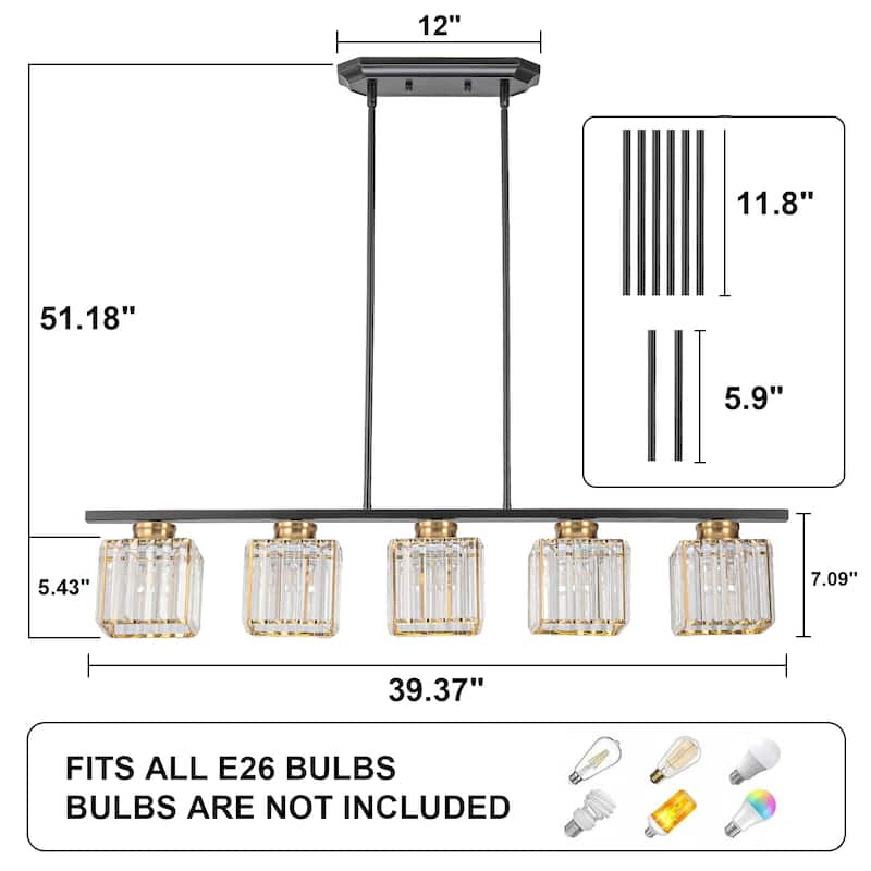 Modern Kitchen Island Lighting 5 Light Linear Chandelier with Crystal Shade - Multi - W 39.37"