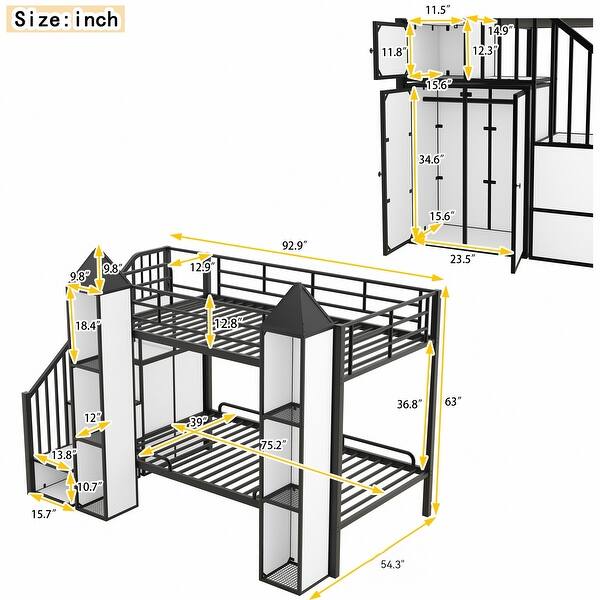 dimension image slide 1 of 2, Castle-Shaped Metal Twin over Twin Bunk Bed with Wardrobe, Storage Staircase, and Open Cabinets, Black+White