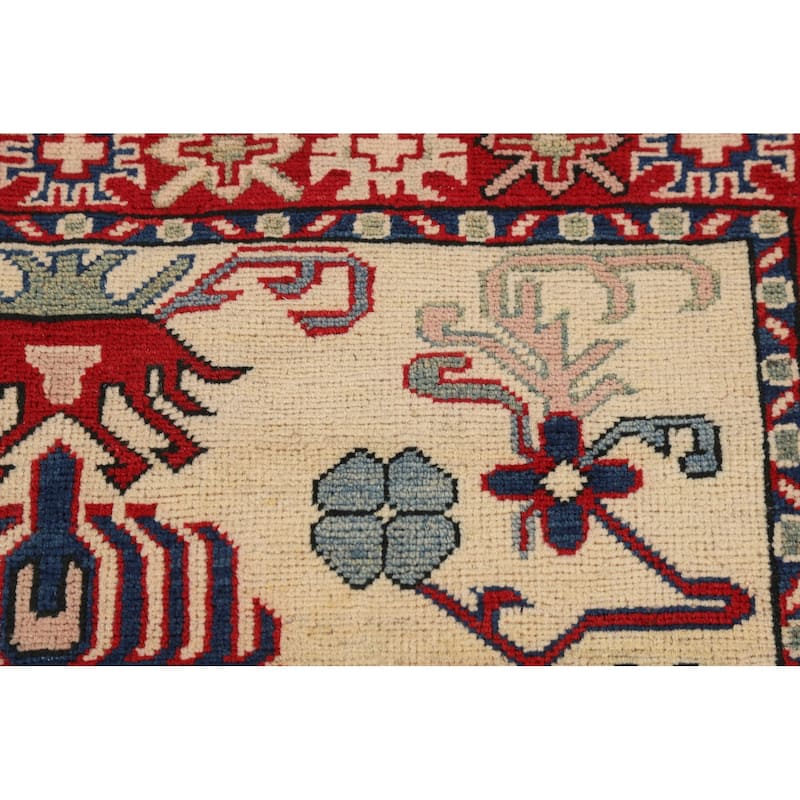 Geometric Kazak Accent Rug Hand-Knotted Foyer Wool Carpet - 3'5" x 4'10"