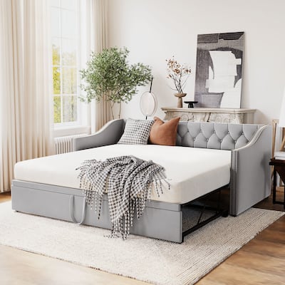 Gray Velvet Daybed Twin Sofa Bed w/ Pop Up Trundle, Upholstered Backrest, 2 Square Armrests, Convertible King Bed, Nailhead Trim