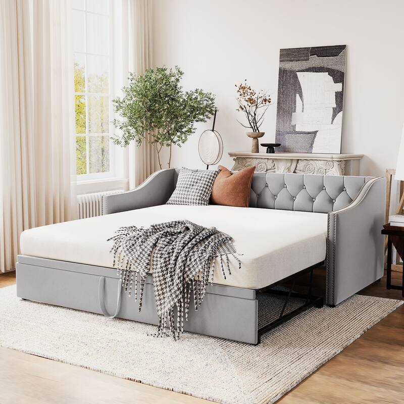 Liftable Twin Velvet Upholstered Daybed Platform Daybed with Liftable Trundle ...