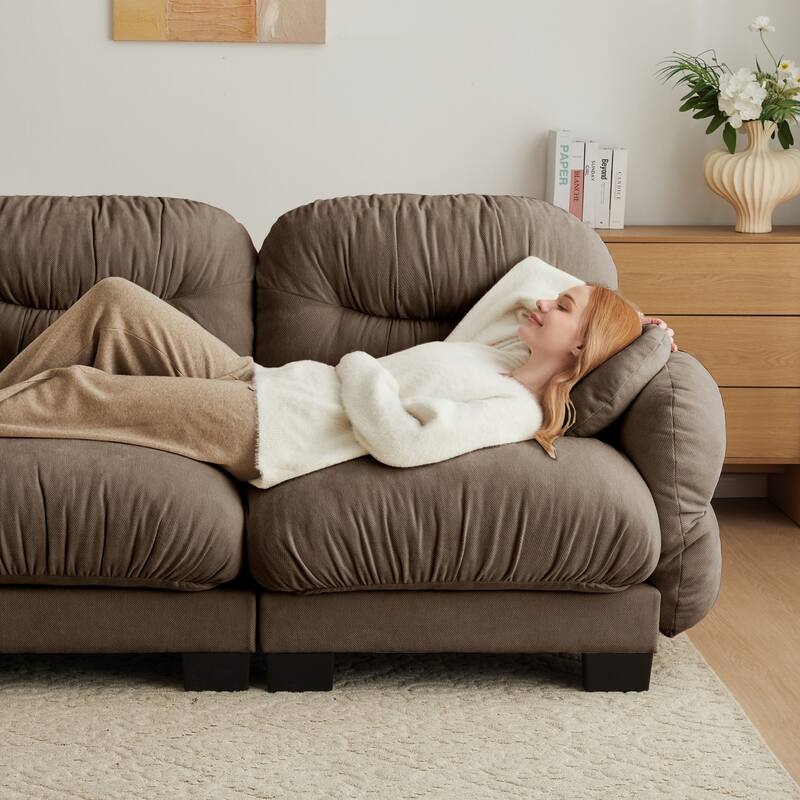 116" Chenille Pleated Design Sectional Sofa with Ottoman and 2 Round Pillows