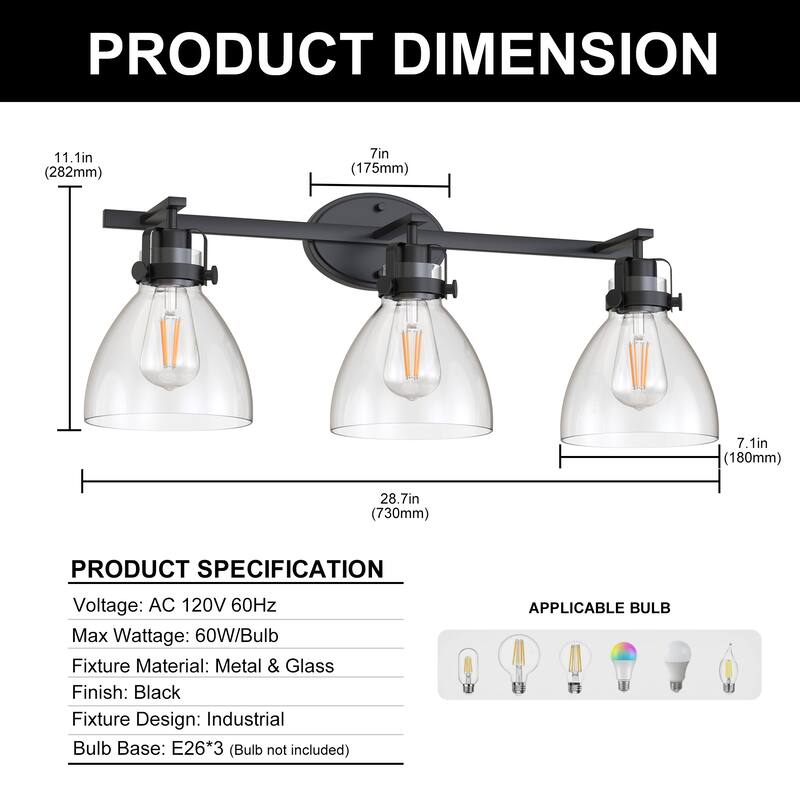 YANSUN 3-Light Black Vanity Light, E26 Modern Bathroom Mirror Light Fixture