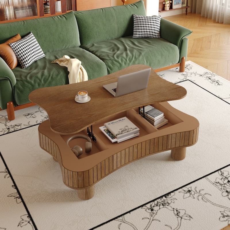 42" Modern Lift-Top Coffee Table – Fluted Design with Hidden Storage & Silent Hydraulic Mechanism‌ -  Walnut