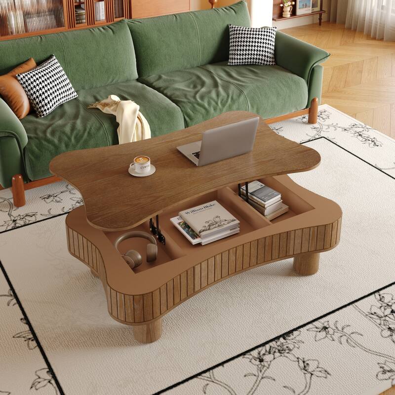 Lift Top Coffee Table for Living Room 42" Fluted Panel Hidden Storage, Silent Hydraulic Lift, Curved Safety Corners,Natural Wood