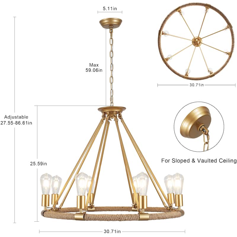 8-Light Classic Semi Flush Mount Chandelier, Farmhouse Modern Wagon Wheel Chandelier for Dining Room - W30.71"x H25.59"