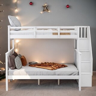 Stairway Design Twin-over-Full Bunk Bed with Storage and Guard Rail for Bedroom