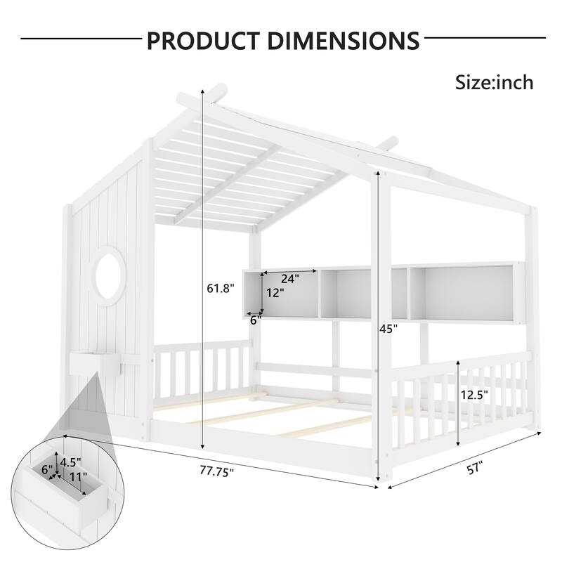 Montessori Bed House Bed with Roof and Storage Shelf, Wood Playhouse Bed Design Floor Bed with Round Window for Kids Toddler