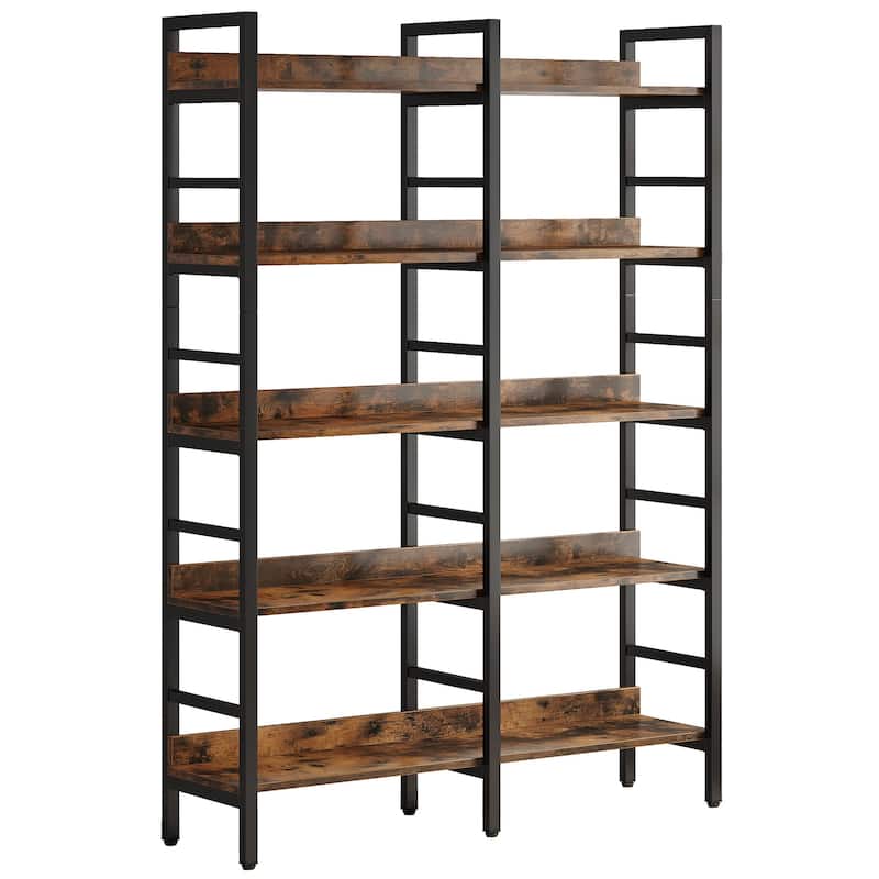 Bookshelf 5-Tier, Open Etagere Bookcase, Double Wide Freestanding Bookshelves for Storage and Display, Rustic Brown