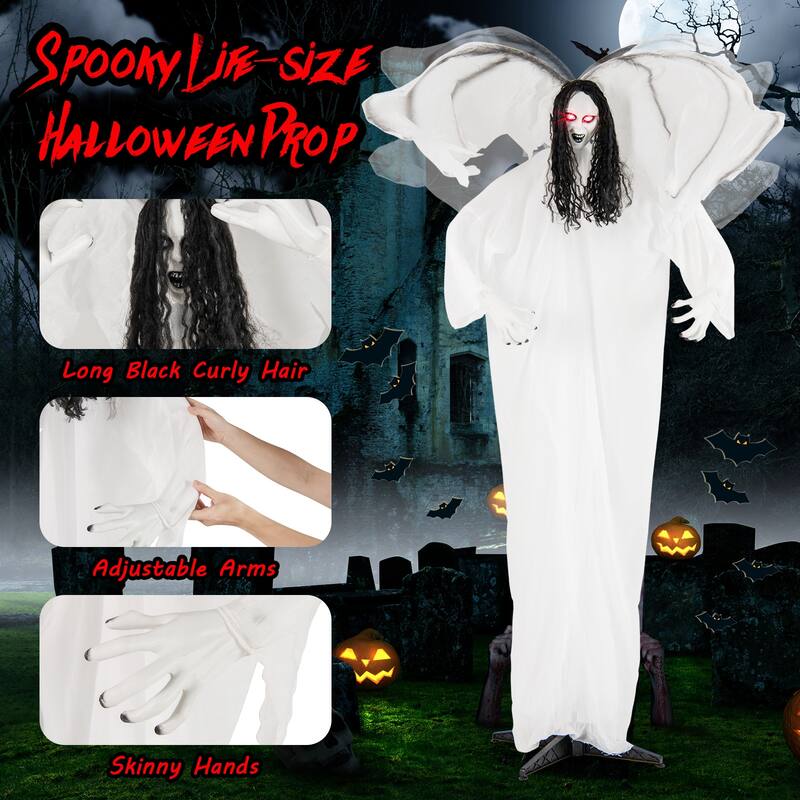 White Metal Fabric Animated Halloween Angel Prop with Wings and Sound