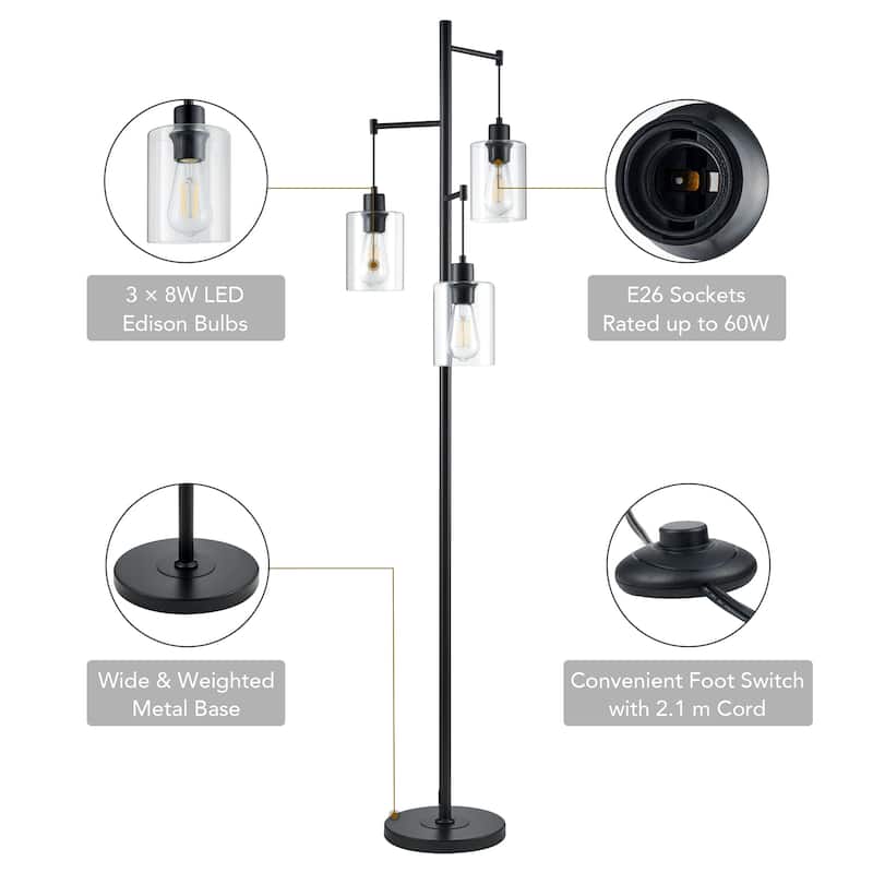 CO-Z 3 Light 65" Black Industrial Floor Lamp Hanging Glass Shades