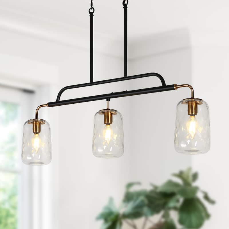 Modern 3-Light Glass Island Chandelier Linear Black Gold Pendant Lights - D 30.5" x H 22.8"