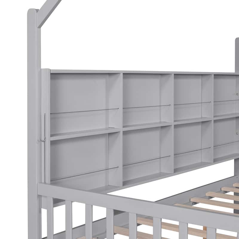 Full Pine Kids House Platform Bed with Trundle, Shelf, and Roof