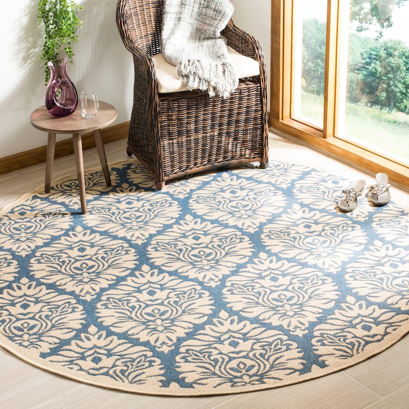 SAFAVIEH Linden Alison Indoor/ Outdoor Waterproof Patio Backyard Rug - 6'7" Round - Blue/Creme
