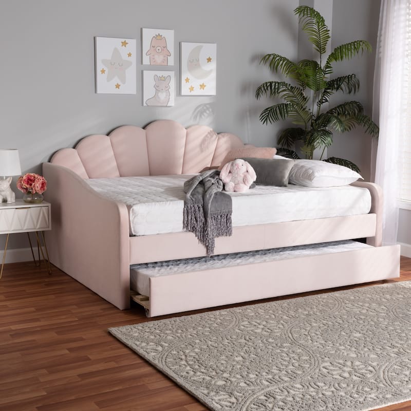 Timila Modern and Contemporary Light Pink Velvet Fabric Upholstered Queen Size Daybed with Trundle