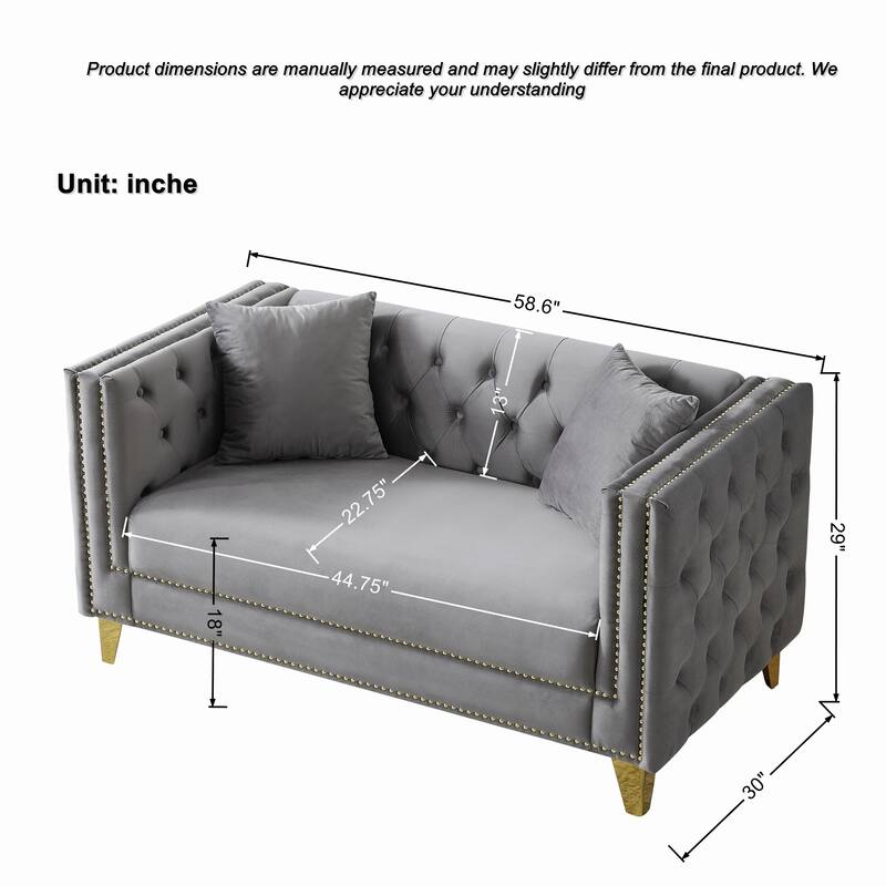 Roomfitters 58" Modern Tuxedo Loveseat with Buttoned Back and Gold Legs, Upholstered Couch with Double Nailhead Trim