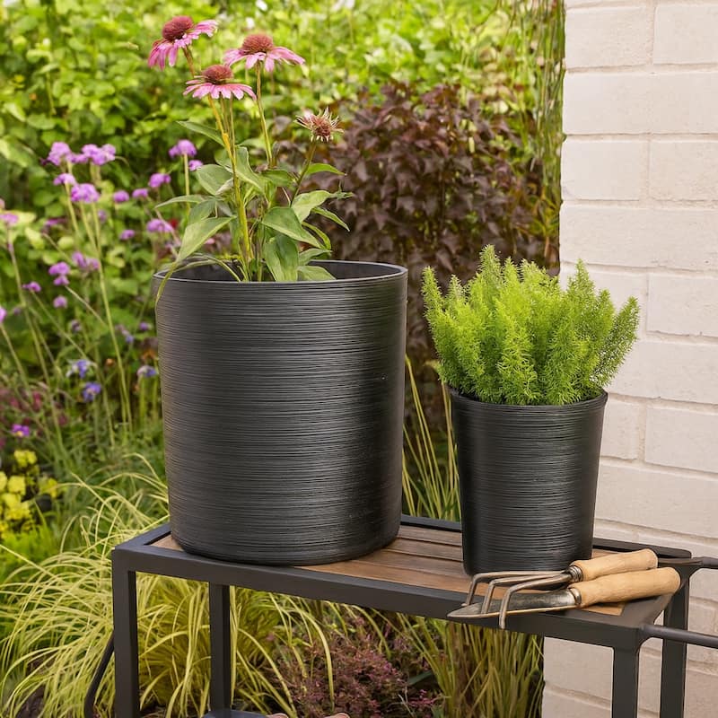 Polyresin Planter Ribbed Texture Home Use (Set of 2) - 21", 19" Black - 21" x 21" x 21" - Black - 21" x 21" x 21"