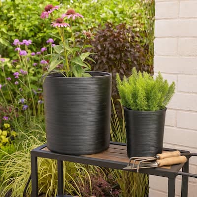 Polyresin Planter Ribbed Texture Home Use (Set of 2) - 21", 19" Black - 21" x 21" x 21"