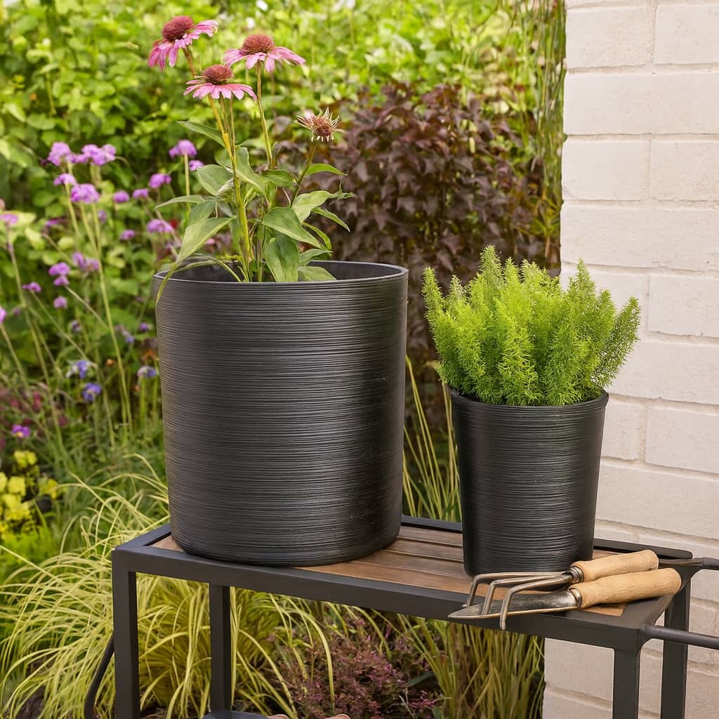 Polyresin Planter Ribbed Texture Home Use (Set of 2) - 21", 19" Black - 21" x 21" x 21"