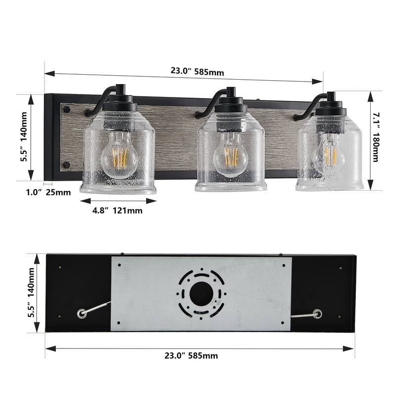 23" Farmhouse Vanity Light Fixture, 3-Light Bathroom Wall Sconce with Clear Seeded Glass Shades, Black and Wood Grain Finish