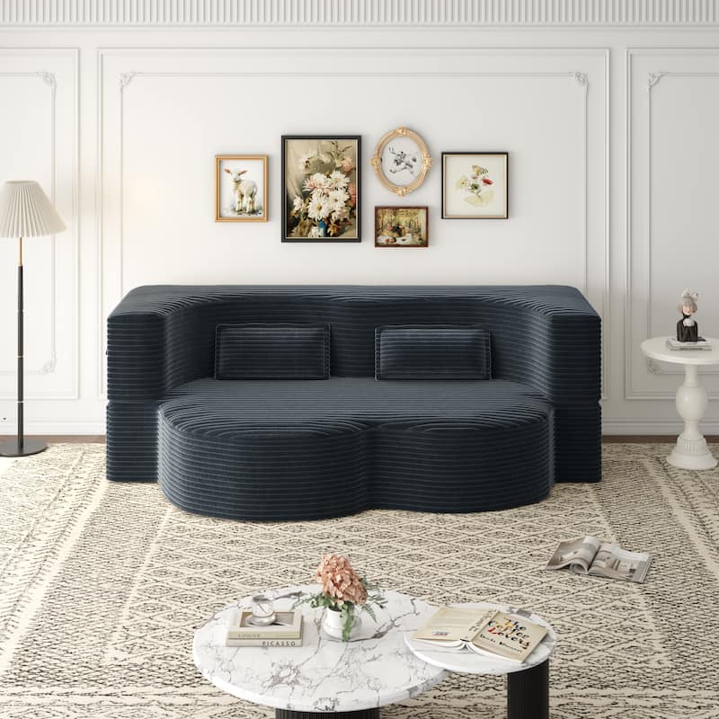 Modern Floor Sofa with 2 Pillows,Convertible Plush Corduroy Foam-Filled Sleeper Sofa Bed,15" Full Size Folding Mattress