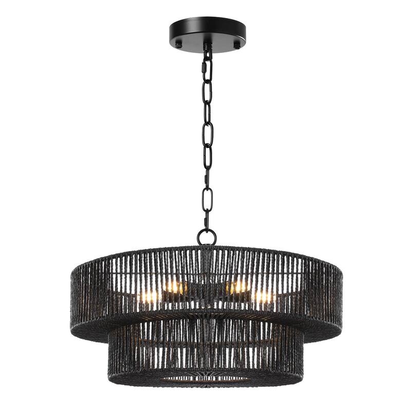 5-Light 21.6in. Rattan Boho Tiered Drum Hand Woven Chandelier