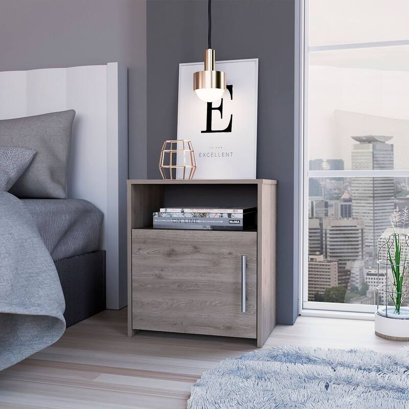 Modern Light Gray Nightstand with Single Door, Metal Handle and Shelf - Easy Assembly - Gray