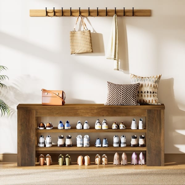 47'' Rustic Brown Wood 3-Tier Shoe Bench with Open Storage, Entryway Bench