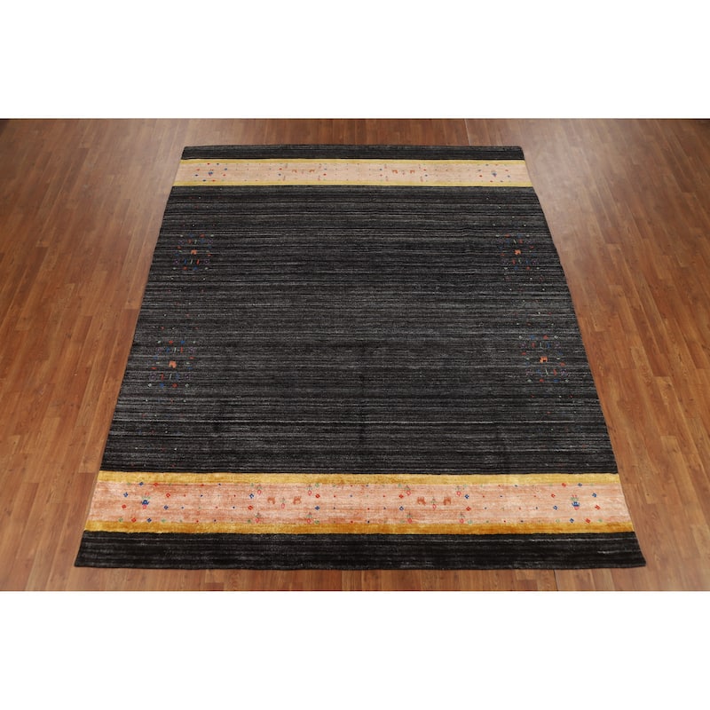 Striped Black Gabbeh Oriental Area Rug Hand-Knotted Silk Carpet - 8'2" x 9'8"