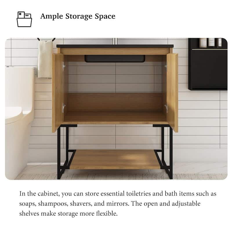 Freestanding Bathroom Vanity Set in Oak with Integrated Solid Surface Sink