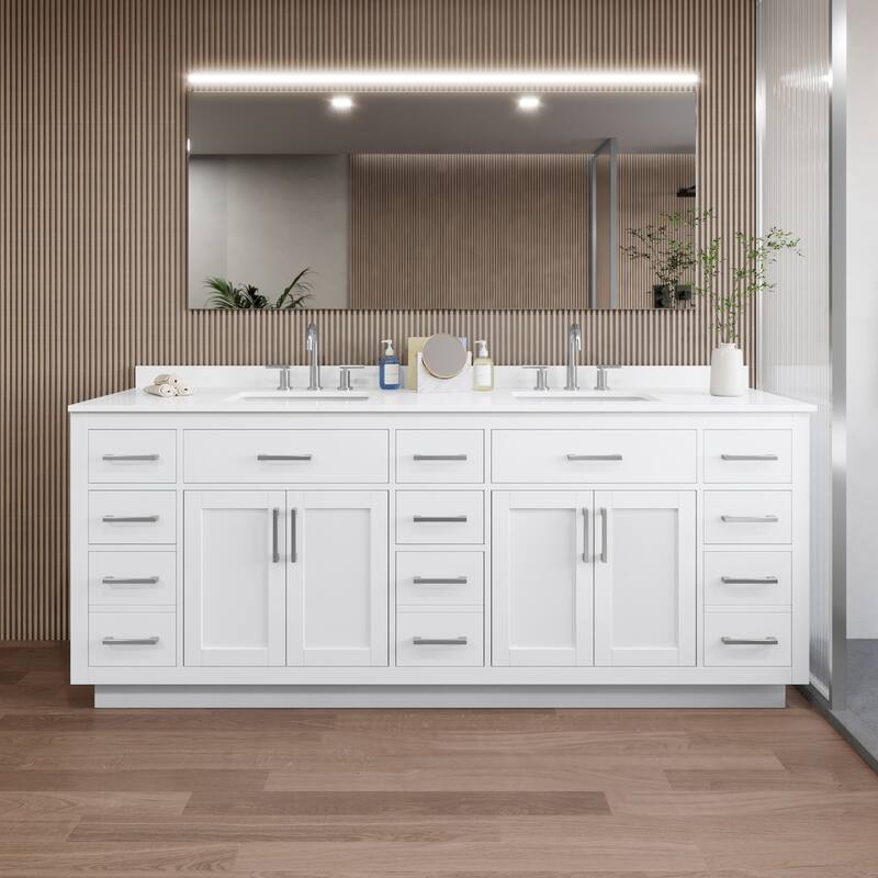 Wyndham Collection WCG262684D-QTZ-US3MXX Beckett TK 84" Free Standing - White / White Quartz Top / Brushed Nickel Hardware