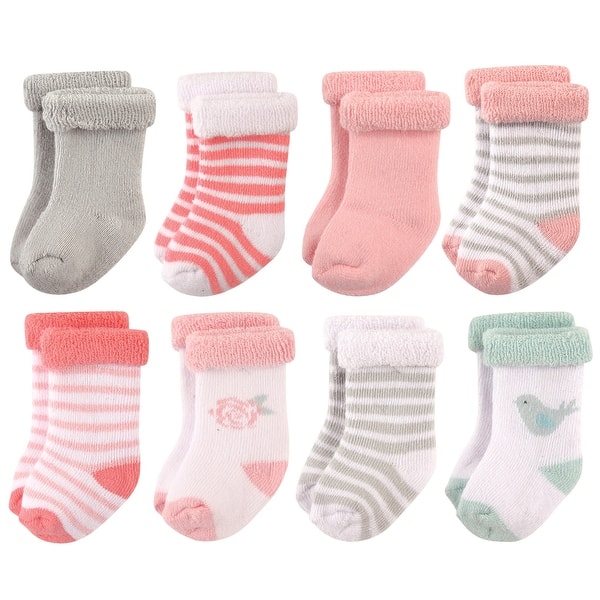 slide 1 of 1, Hudson Baby Infant Girl Cotton Rich Newborn and Terry Socks, Bird Bird - 0-6 Months
