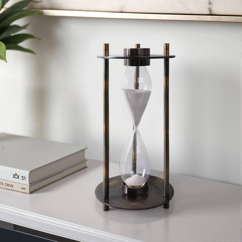 Modern Metal and Glass Hourglass Timer with Frame and Built-In Compass