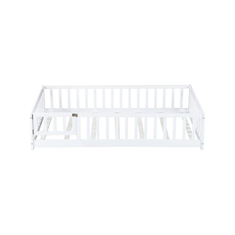 Twin Size Floor Bed with Fence and Door,Rubber Wood Floor Bed with Safety Guardrails