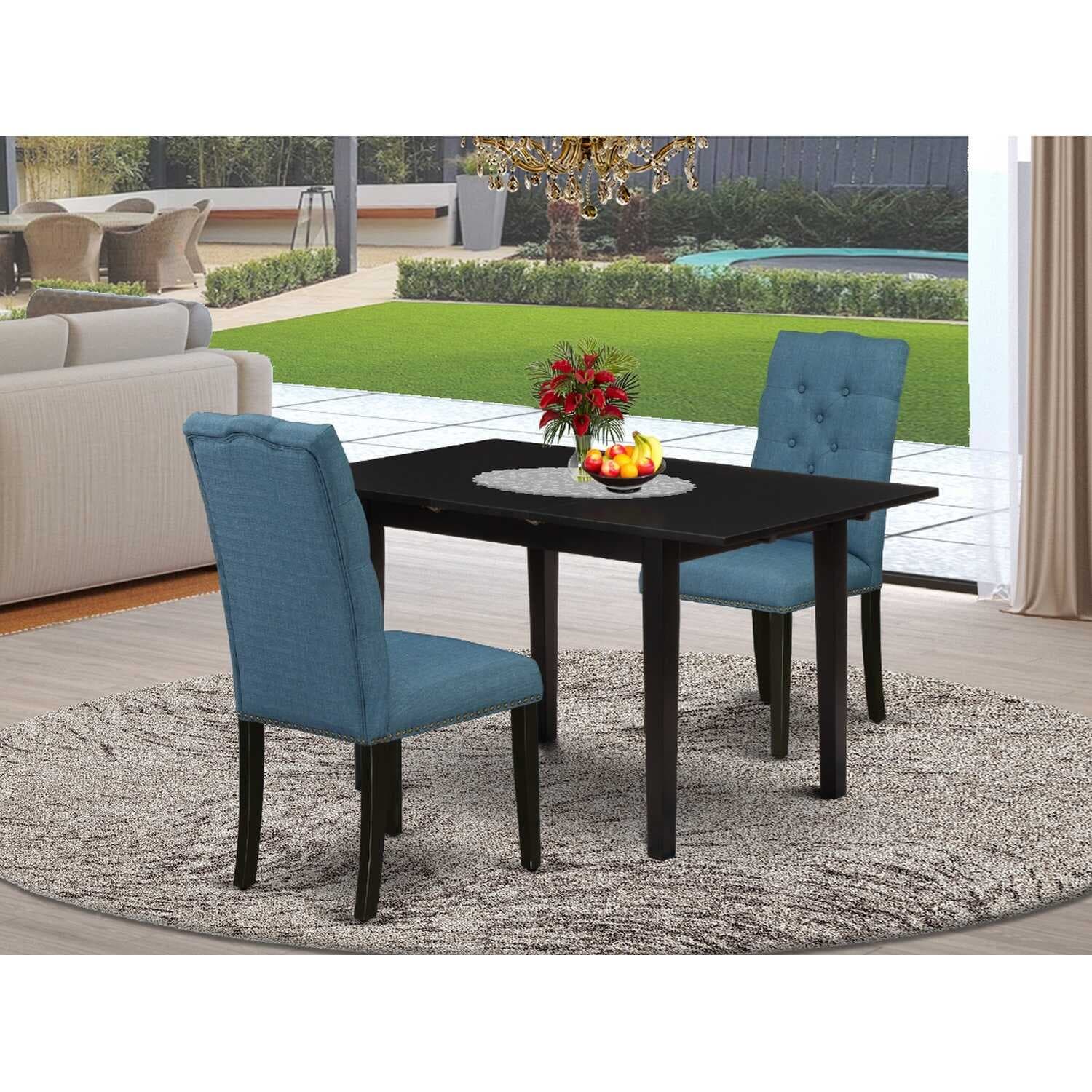 HomeStock 3-Piece Black Finish Rectangular Solid Wood Top With Butterfly Leaf Dining Table Set