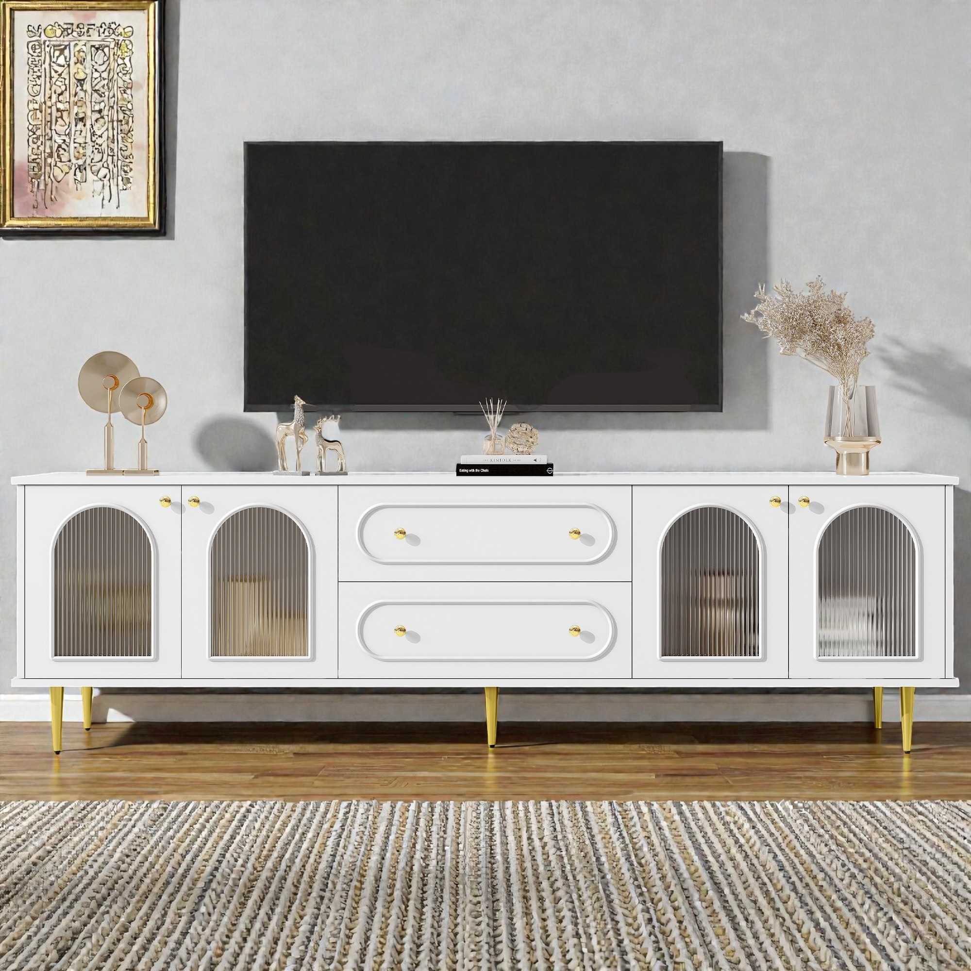 78.7 Inch TV Stand for TVs up to 80 Inches, Media Console with Fluted Glass Doors, 2 Drawers, Metal Legs and Cable Management