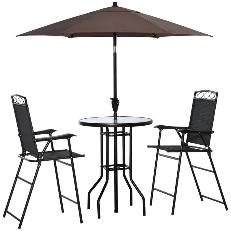 4 Piece Outdoor Patio Dining Furniture Set, 2 Folding Chairs, Adjustable Angle Umbrella, Wave Textured Tempered Glass Di
