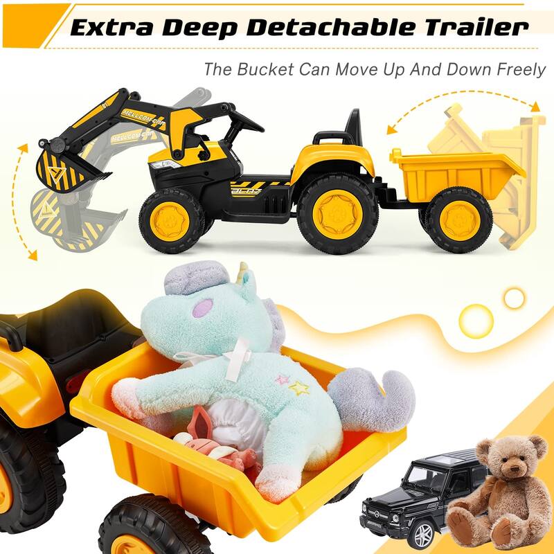 EROMMY Ride on Car Toys with Remote Control, Digger, Horn, Lights, Music Player, Safety Belt,