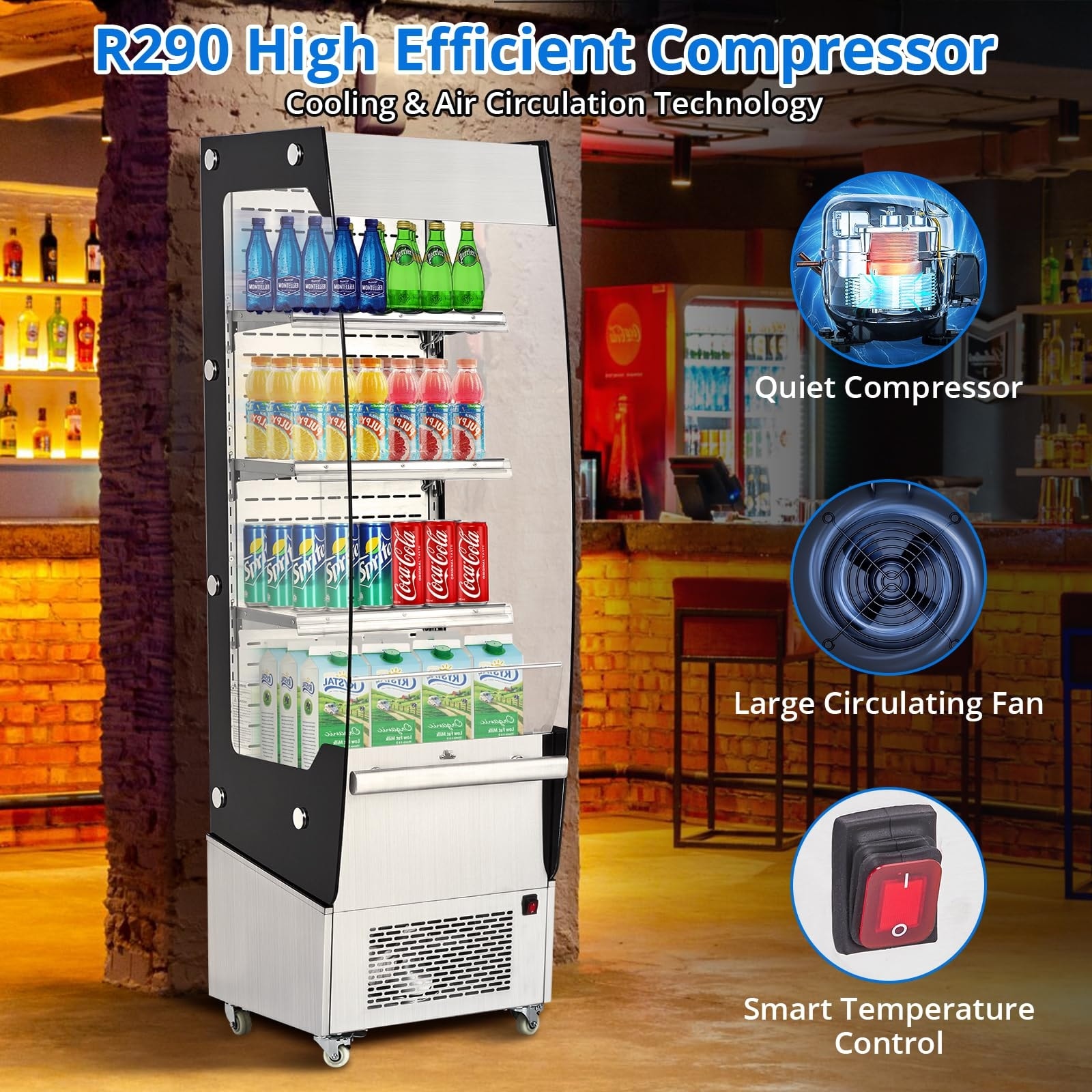 7.8 Cu Ft LED Illuminated Commercial Display Refrigerator with Double Glazed Glass, Digital Control, Adjustable Shelves