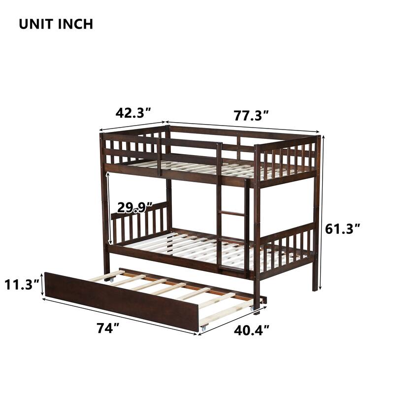 Twin Over Twin Rubber Wood Bunk Bed with Trundle, Convertible into Twin Beds, Ladder and Safety Guardrails