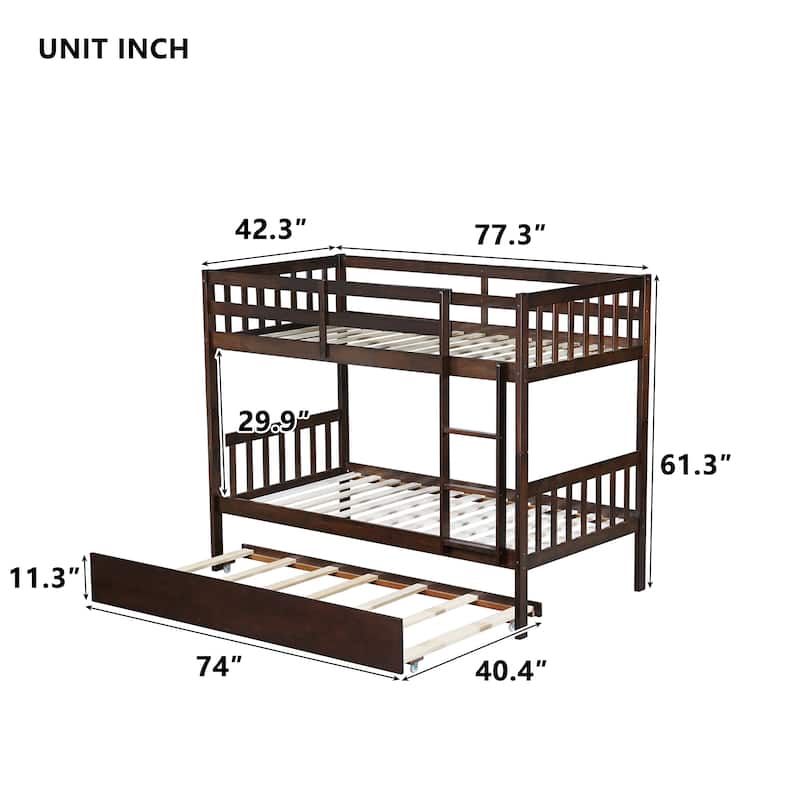 Twin over Twin Rubber Wood Bunk Bed with Trundle