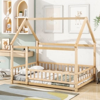 Full Size House Floor Bed for Kids, Wood Montessori Bed Frame w/Fence
