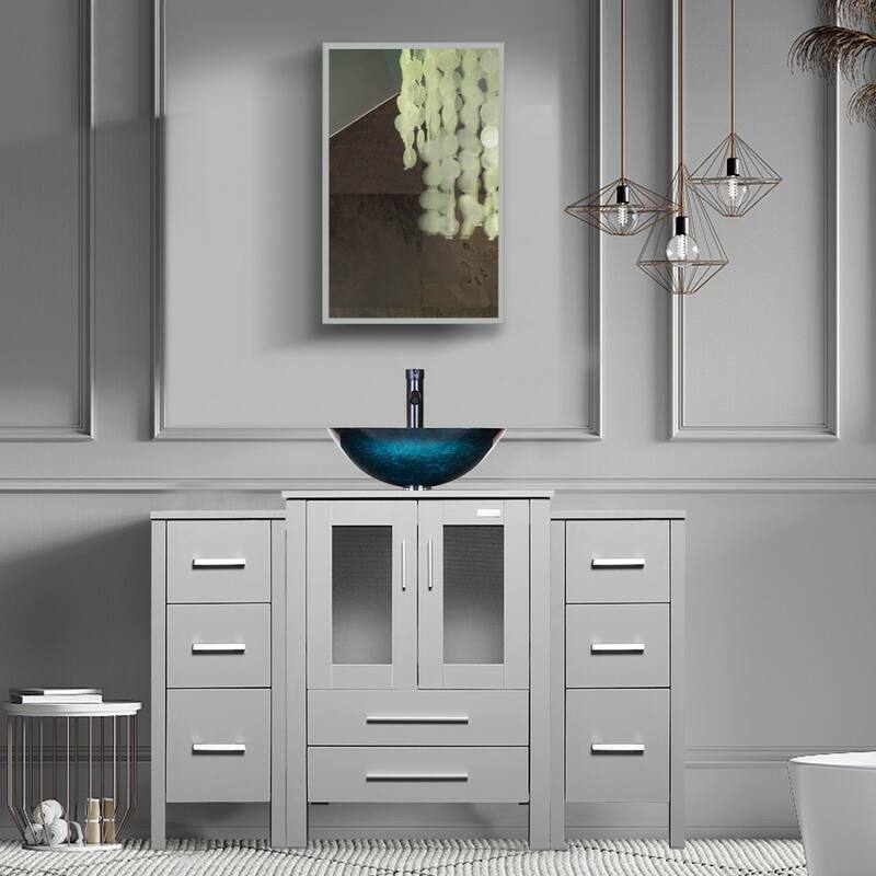 48" Bathroom Vanity Set Vessel Sink Faucet W/ Small Cabinet Combo - turquoise square sink - Grey