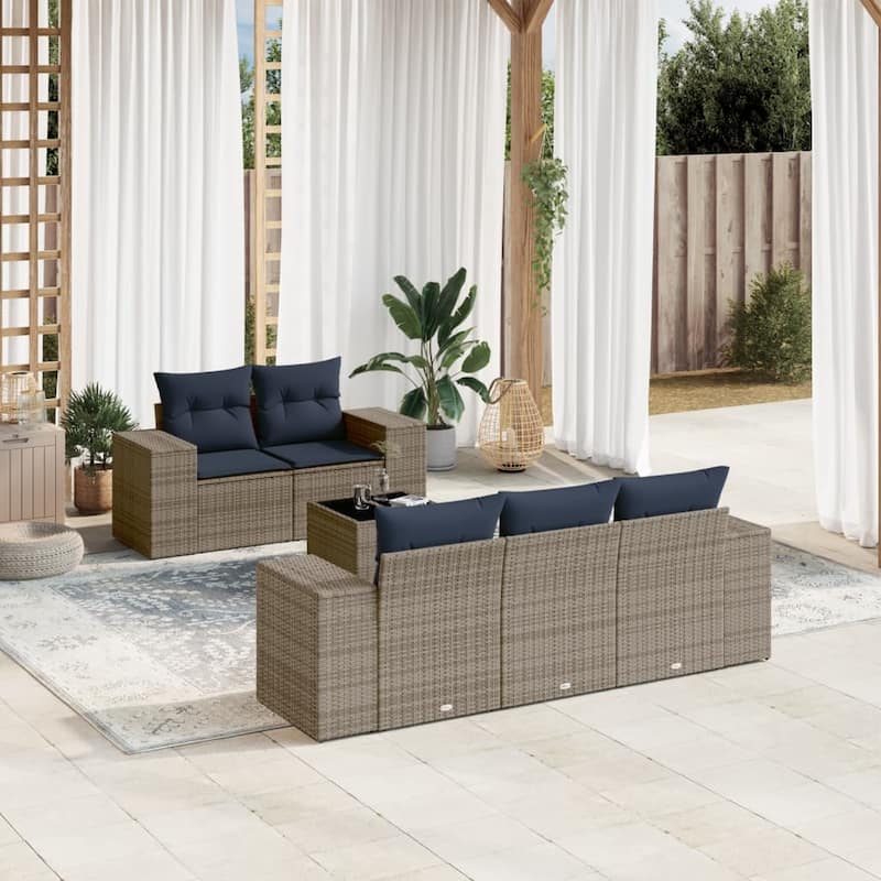 vidaXL 6 Piece Patio Sofa Set with Cushions Black Poly Rattan - 21.7" x 24.4" x 27.2" - Grey